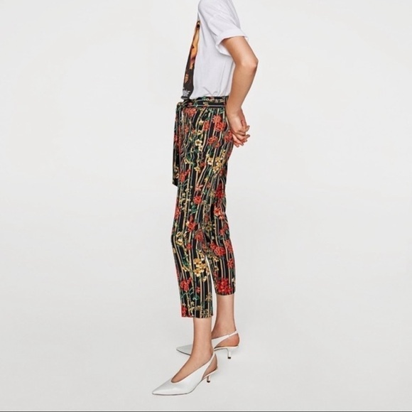Zara Pants Trousers Striped and Floral Print Cropped Bow at Waist Sz XS - Picture 3 of 11